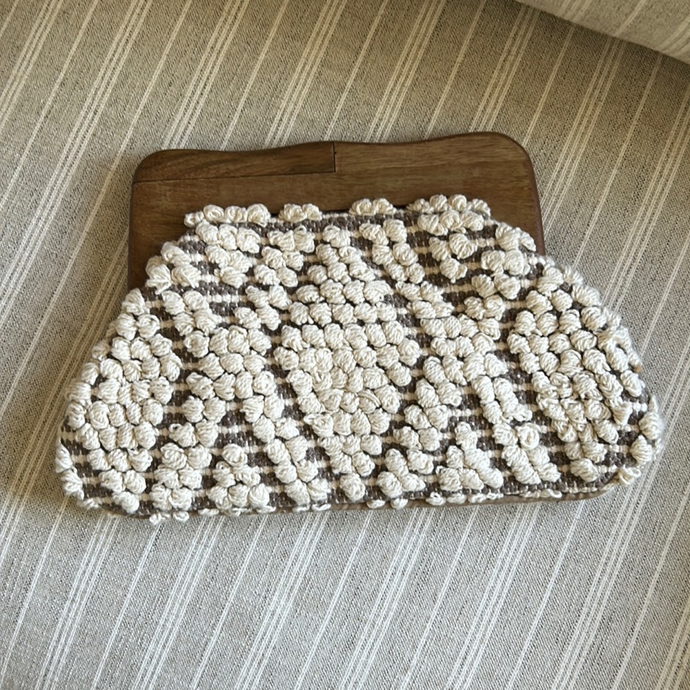 NEW Lovestitch Clutch with wood handle and fabric bottom.